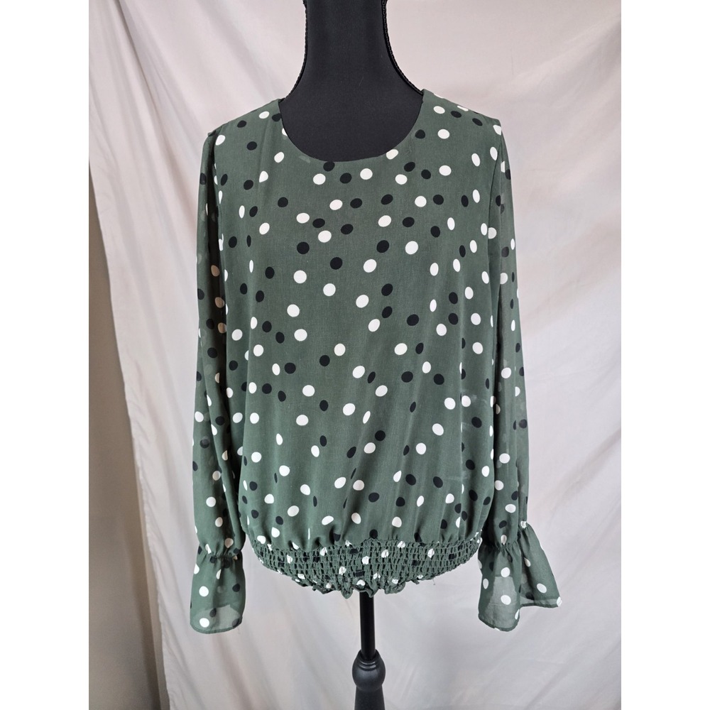 Adrianna Pappel‎ Deep Green Bouncing Dot Cuffed Bell Sleeve Blouse Medium